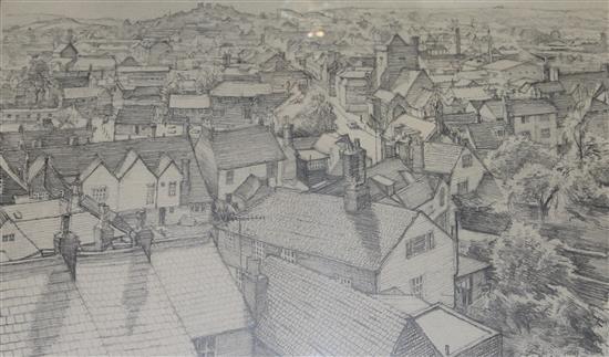 Julian Bell, pencil drawing, View of Lewes, signed, 21 x 33cm